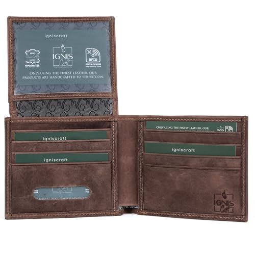 Ignis Craft Dark Brown Billfold Mens Leather Wallet RFID Blocking with 2X ID Windows High-Capacity Slim Design, Premium Leather Gifts for Men (Solstice 4 Canyon)