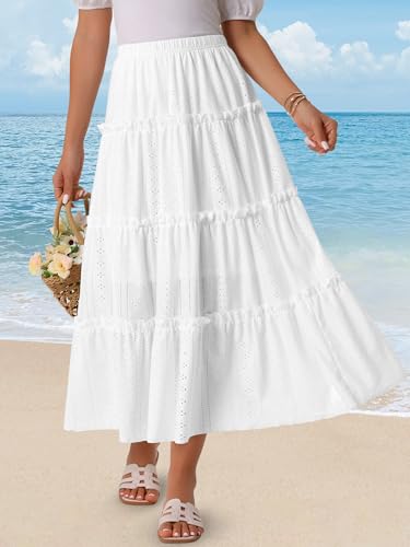 Seta T Women's Maxi Skirts Elastic Waist Tiered A Line Eyelet Skirt Ruffle Boho Long Summer Casual Skirt3