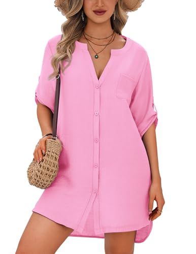Image of Ekouaer Bathing Suit Cover Up for Women V Neck Button Down Swimsuit Coverup Beach Dress Shirt S-3XL