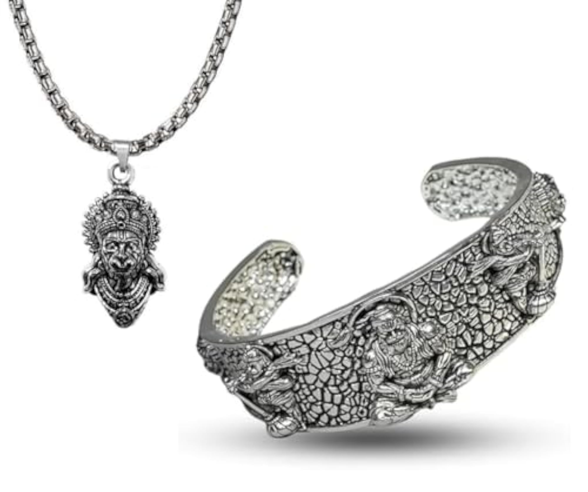Stainless Steel Hanuman 5 Face Kada Bracelet & Hanuman Head Locket Set