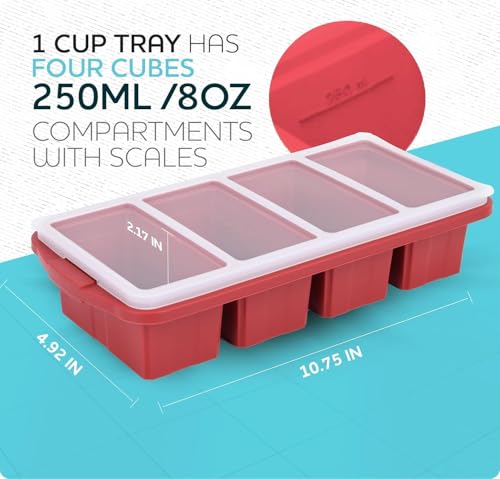 Image of Silicone Freezer Tray With Lid-Soup Freezer Container molds-Large Ice Cube Tray Set Makes 1-Cup & 1 /2-Cup portions cubes Perfect for preparing meals in different portion sizes Oven & Dishwasher -Safe