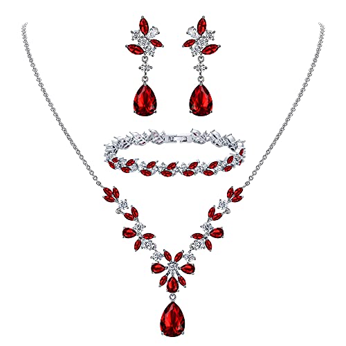 Elequeen Women's Wedding Bridal Jewelry Set For Brides Bridesmaids, Sparkle Cubic Zirconia Teardrop Necklace Dangle Earrings Bracelet Sets For Party Prom Ruby Color #TOP11