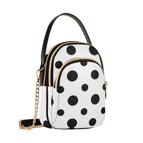 Women Shoulder Handbag Artistic Chain Strap Cell Phone Handbag Quilted Crossbody Clutch Zipper Tote Black Polka Dots White2