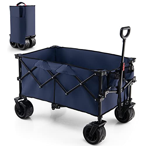 Goplus Collapsible Wagon Cart, Foldable Heavy Duty Utility Wagon with Adjustable Handle, Wide All Terrain Wheels, Cup Holder, Portable Garden Cart Beach Cart for Camping, Picnic (Blue)