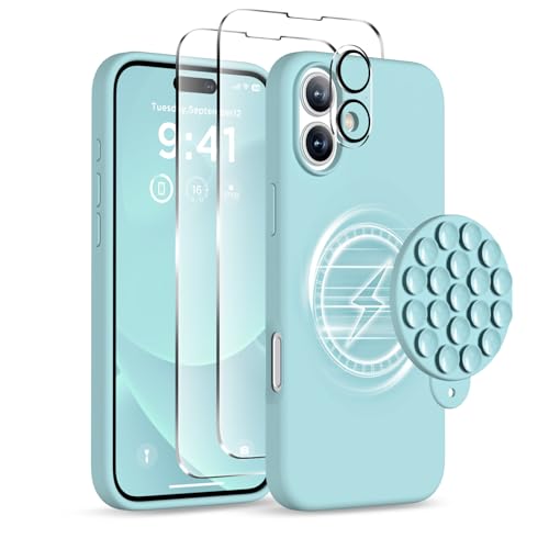 Image of Magnetic for iPhone 16 Case, Compatible with Magsafe, Suction Cup Phone Mount, [2 Screen Protectors][Camera Lens Protector] Silicone Shockproof Protective Slim Phone Cover 6.1 inch, Light Cyan
