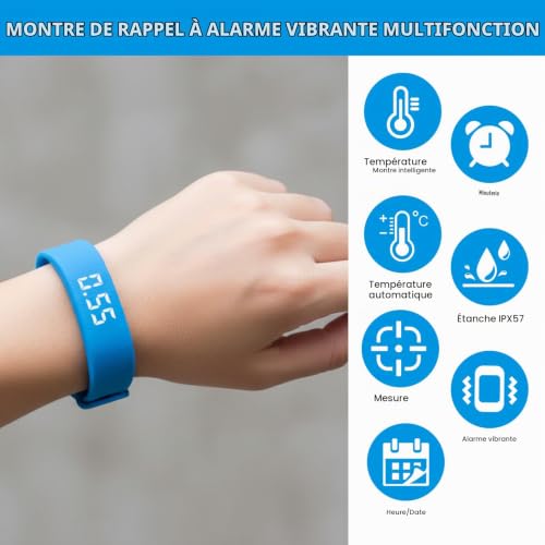 AOUZOVLI Bracelet Reveil Vibrant Bleu Montre Vibrante Portable, Bracelet Reveil Vibrant avec Alerte par Vibration Silencieuse avec Réglable étanche Multifonctionnel Unisexe – vue 3