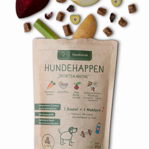 Hunderunde – Hundehappen Sportskanone 3×125 g – vegane Hundeleckerli für Training & Spaziergang – fettarm & proteinarm – mit Rote Beete & Fenchel – getreidefrei – ideal bei Sensitivität – Hundesnack