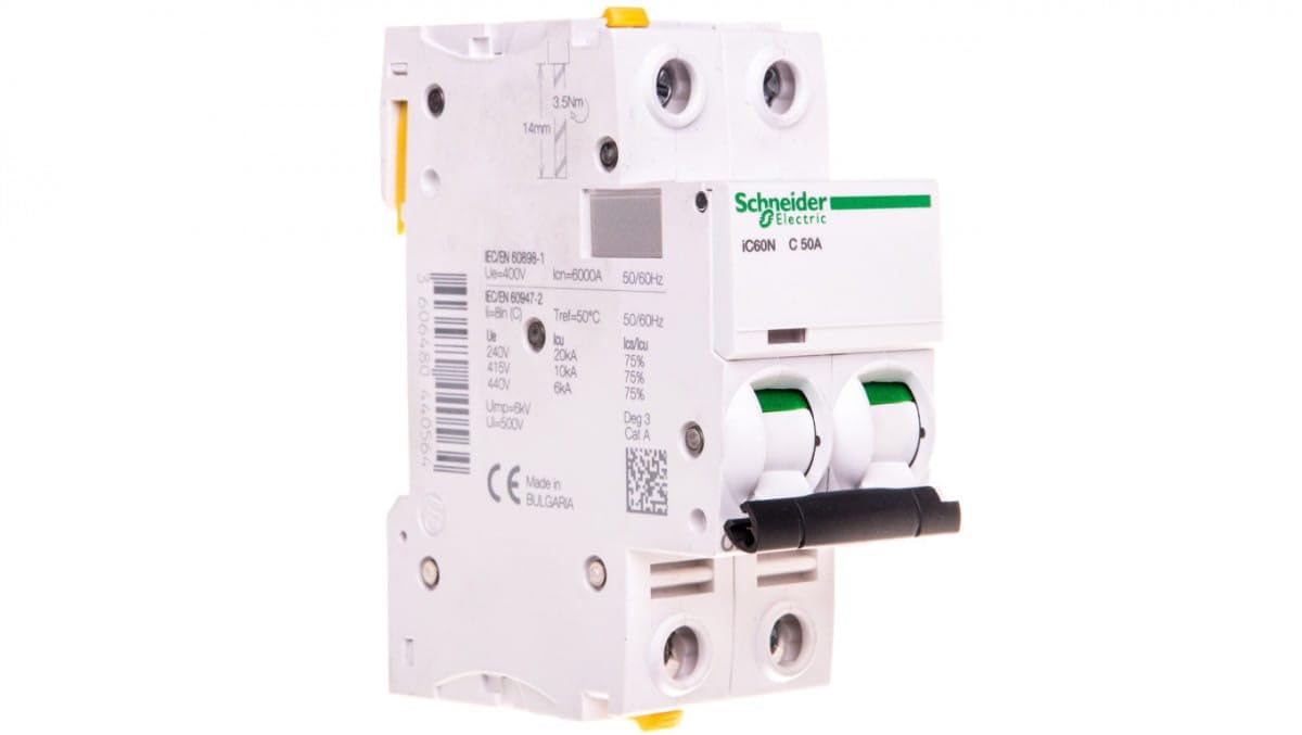 Schneider A9F04250 Disjoncteur iC60N, 2P, 50A, C caractéristiques, Multicolore