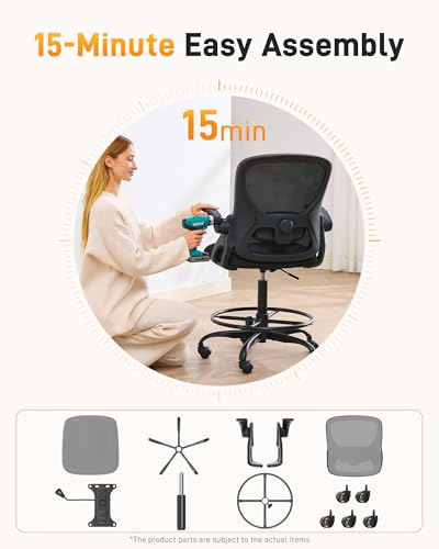 Image of LukkDys Drafting Chair with 4D Multi-Adjustable Backrest, Tall Office Chair 19.7 inch-27.6 inch Seat Height, Ergonomic Standing Desk Chair with Flip-up Arms, Foot Ring, Grey&Black