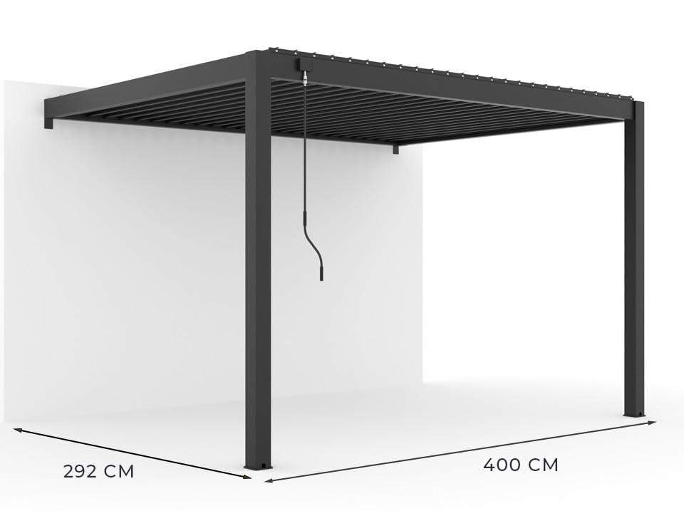 Direct ABRIS Pergola Bioclimatique Aluminium Adossée 12m² - 3x4m - Deux Stores Inclus - Anthracite - 29 Lames en Acier galvanisé - Inclinable à 90° - Tonnelle