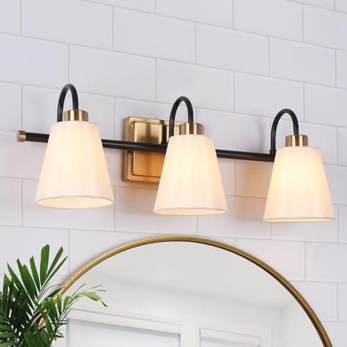 Image of KSANA Bathroom Wall Light Fixtures, 3-Light Gold Black Vanity Light with White Fabric Shades, Modern Vintage Wall Lamp Over Mirror for Powder Room, Hallway