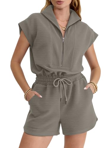 Image of Rompers for Women Summer Short Sleeve Half Zip Lapel Collar Jumpsuit Casual Drawstring One Piece Outfits with Pockets