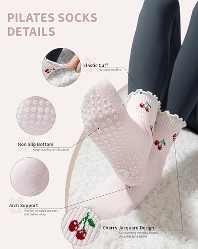 Yawlsow Pilates Grip Socks for Women Cute Ruffle Yoga Non Slip Grippy Socks Frilly Sticky Barre Workout Sock with Grippers3