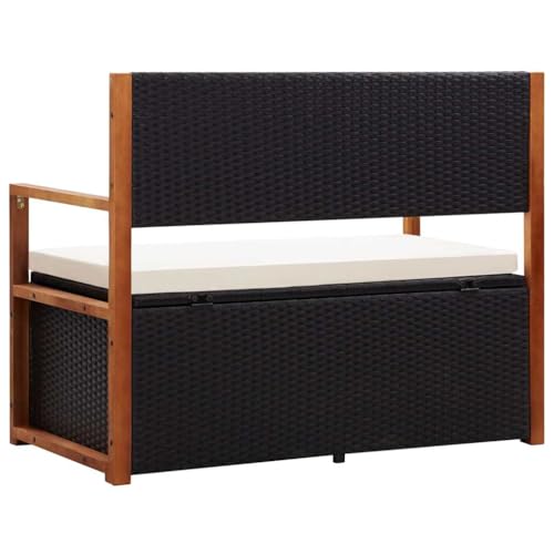 Banco de jardín con almacenamiento de 115 cm en polirratán negro y madera 6