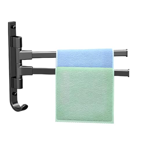 Porte-Serviettes Pivotant à 2 Bras, Support Mural pour Serviettes, Alliage d'Aluminium Rotation à 180 Degrés, Double Barre Pivotante Porte Serviette Accessoire pour Salle de Bain ou Cuisine (Noir)