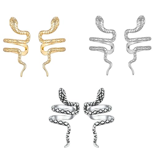 HinDaLi 3 Pares Pendientes de Serpiente Mujer Pendientes Clip Dorado Pendientes Sin Agujero Niña Negros Pendientes Ear Cuff Plata Pendientes de Mujer Plata Pendientes Serpiente Punk Aretes Rock Oro