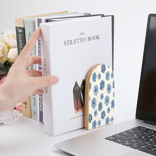 Sujetalibros con estampado de flores azules decorativo, soporte para libros de madera resistente 7