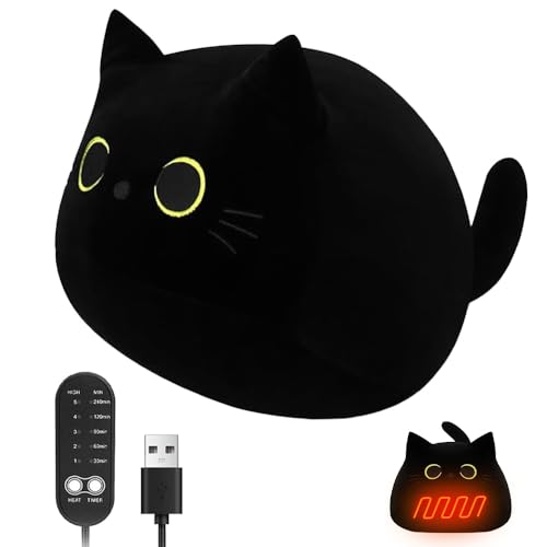 KBIBCK Electric Heating Pad for Period Pain Relief, 40 cm Giant Black Cat Plush Pillow, USB Powered Menstrual Heating Pad, Black Cat Stuffed Animal Soft Plush Electric Heat Pads for Women Girls Mum