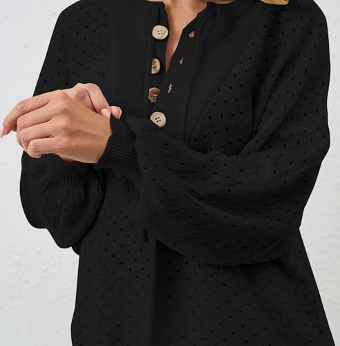 Women Oversized Button Down Hollow Out Crochet Sweater Pullover Drawstring Henley Neck Long Sleeve Knit Crochet Tops 6