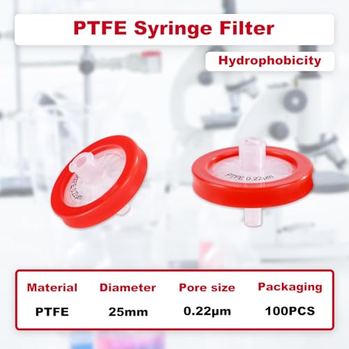 Image of Syringe Filter Hydrophobic PTFE, 25mm 0.22um, Non-Sterile, 100Pcs | Syringe Lab Filter, Hydrophobic PTFE, Non-Sterile Needle Filter, Lab Filtration, Barreled Packed Laboratory School Science