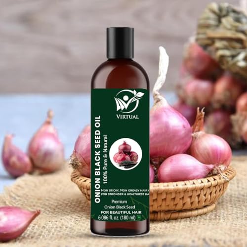 Image of VIRTUAL Pure Essential Oil For Stronger Hair, Body Skin Care, Moisturising Dry Skin, Eyelash & Nails Cold Pressed Oil With No Mineral & Silicones (180ml) (Onion Oil)