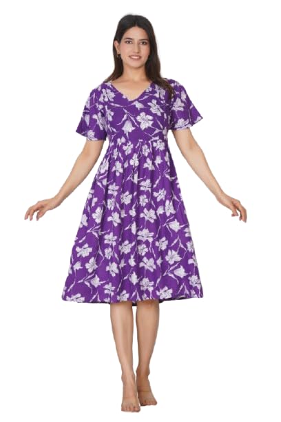 Purple Floral Print Kurta Dress, Short Sleeve V-Neck Midi Length-image-27