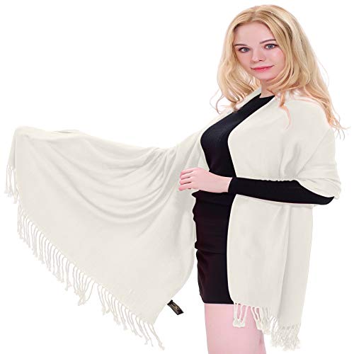 CJ Apparel Cream Ivory Off White Solid Color Tassels Design Nepalese Shawl Seconds Scarf Wrap Stole Throw Head Wrap Pashmina Hand Made in Nepal New Pashmina New2