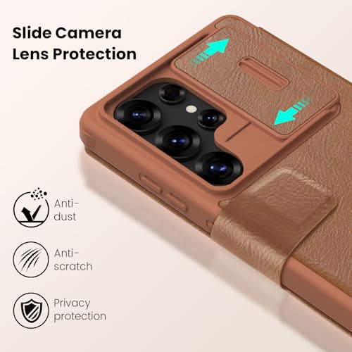 Image of Nillkin Case for Samsung Galaxy S25 Ultra (6.8 inch Inch) Qin Pro Camshield Camera Slider Genuine Classic Leather Flip Folio + Card Slot Brown Color