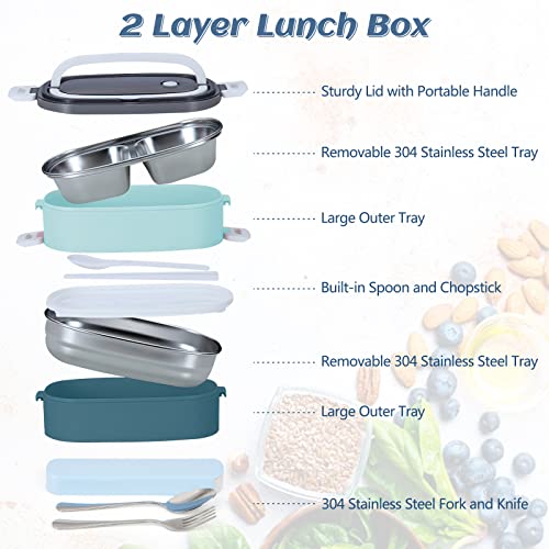 Image of 2 Tier Bento Box Lunch Box for Adults and Kids, Leakproof Bento Lunch Box with 3 Compartments and Cutlery (Spoon & Fork), Portable Adult Lunch Box with Lunch Bag for Work Office School