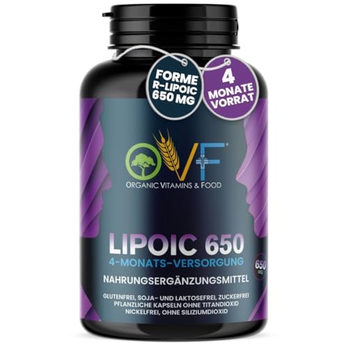 Ácido lipoico alfa OVF 650 mg 120 cápsulas, 4 meses de suministro, ácido lipoico R alfa alta dosis, libre de sílice, 100% fabricado en Italia y vegano