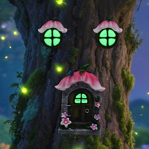Attivolife Fairy Door and Windows for Outdoor - Glow in The Dark Treehouse Garden Lawn Decor Magical Yard Art Resin Sculpture Fairies House Kit Gift for Kids Girl Women Plant Lovers