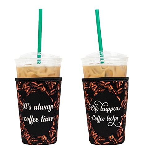 BAXENDALE AND CO Reusable Neoprene Insulator Sleeves for Iced Coffee and Cold Drink Cups (2 PK Medium 22-24oz, Coffee Quotes)