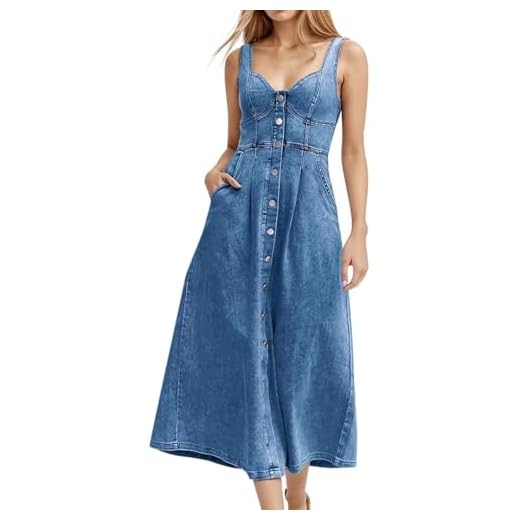 Generisch Jeans-Maxikleid mit Spaghettiträgern vorderer Knopfleiste für lässigen Frühlings- Sommerlook Damen 2025 Boho Kleid Damen Elegant Abendkleider Blumenmuster Leicht Kleid (Blue, M)