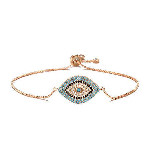 NEWBUY Trendy Gold Plated Turkish Evil Eye Bracelet Pave CZ Blue Eye Gold Chain Bracelet Adjustable Female Party Jewelry (Rose Gold-1)