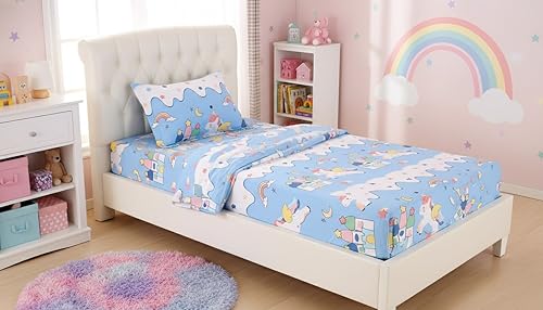 Image of Filymore Star Unicorn Single bedsheet for Girls Kid bedsheet for Single Size Bed 240 TC Microfiber Soft Cartoon bedcover for Kids Room (90x60 Inches)(SkyBlue and White)