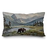 AJIPUX Vintage Rustic Cabin Bear Throw Pillow Covers 12x20, Log Cabin Decor, Farmhouse Bear Mountain Landscape Pillow Covers Decor for Couch Sofa Bedroom Living Room Home