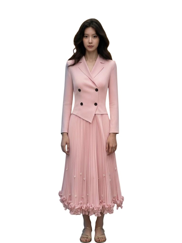 ameeha Women's Elegant Pink Double-Breasted Blazer with Pleated Midi Skirt, Office Wear Suit Dress-picture-43