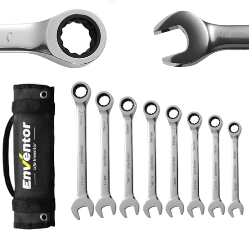 Enventor 8-teiliger Ratschenschlüssel Set, Maulschlüssel set, 8mm bis 19mm, 72 Zähne, 5° Schwenkbereich, Chrom-Vanadium-Stahl (CR-V), Rolltasche, Heimwerkerwerkzeuge, Werkstattwerkzeuge