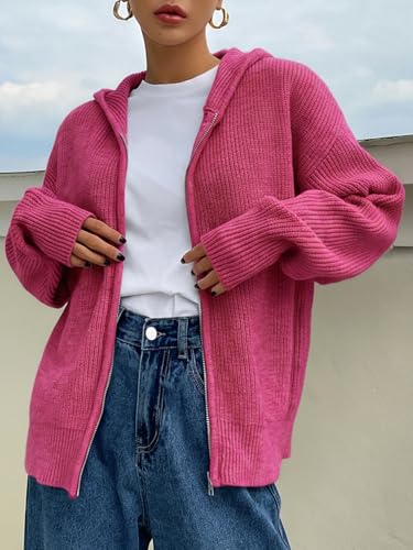 Image of SOLY HUX Zip Up Cardigan for Women Hooded Cardigan Sweater Knitted Drop Shoulder Fall Clothes Winter Hoodies Outerwear