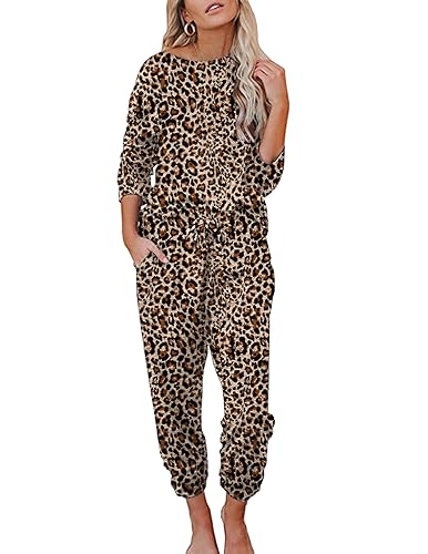 Ekouaer Womens Pajamas Set Long Sleeve Loungewear Soft Lounge Set Joggers with Pockets,Medium,Pattern1 Leopard