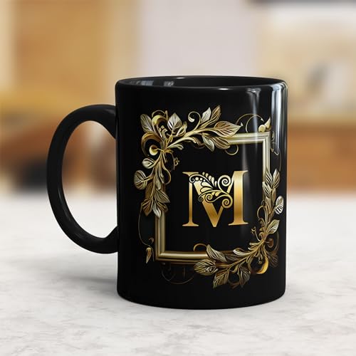 Image of Golden Floral Alphabet Letter M Printed Coffee Mug Gift for Girl, boy,Wife,Husband,Girlfriend Boyfriend,Kids,Brother,Sister,Love and Valentines Day - 1pcs, Black, 330ml (AL-M)