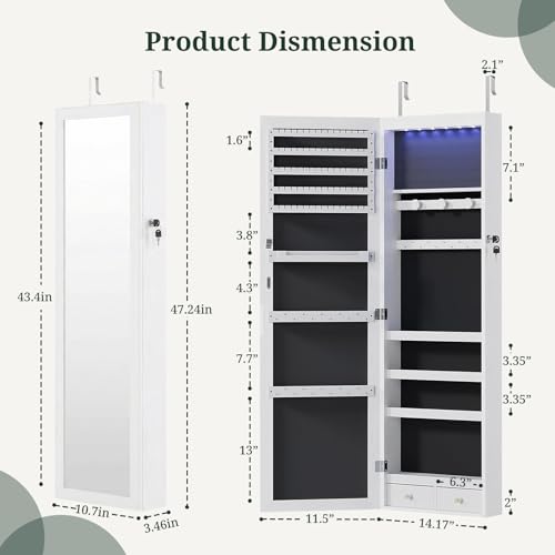 Jewelry Armoire, 47.2" Tall Lockable Jewelry Organizers and Storage Cabinet with Full-Length Mirror, 6 LEDs Mirror Jewelry Cabinet, Wall or Door Mounted Jewelry Storage for Women Bedroom, Gift Idea by SageNest - Image 3