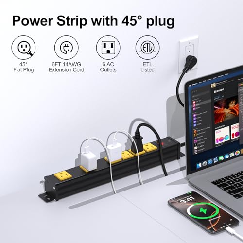 Image of 6 Outlet Wall Mount Metal Power Strip, 2 Extra-Wide (2.55IN) and 4 Standard Spaced Outlets, Flat Plug Extension Cord 6FT 14AWG with Switch, 15A 1875W ETL Listed for Garage, Workshop, Home