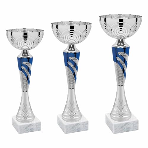 Tris Coppe Trofei Personalizzati con Targhetta Stampata – 3 misure Diverse – Plastica ABS Colorata e base Marmo – Premi Trofei per Fantacalcio, Sport, Eventi