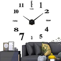 AILILIFE 3D DIY Wall Clock Decor Sticker Mirror Frameless Large DIY Wall Clock Kit for Home Living Room Bedroom Office Decoration (Black)