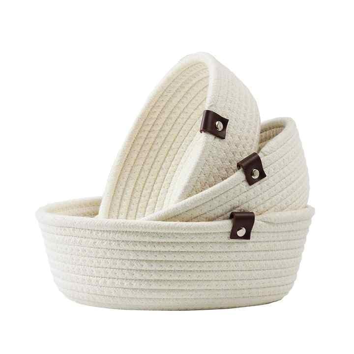 3Pcs Round Small Woven Baskets Set Bowl Desktop Sundries Cotton Rope Baskets White-image-2