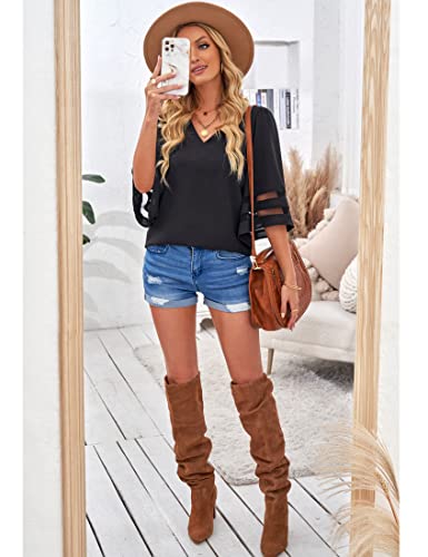 Luvamia Women's Casual V Neck Blouse 3/4 Bell Sleeve Mesh Panel Shirts Loose Tops Blouses Womens Boho Tops And Blouses Womens Tops Dressy Casual 3/4 Sleeve Women's Bell Sleeve Topsblack Size Xxlarge #TOP4