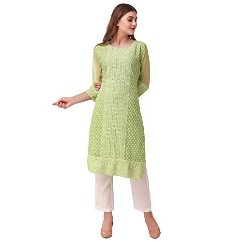 SWAGG INDIA Women's Georgette Lucknowi Chikan Straight Kurta with White Pant Set...
