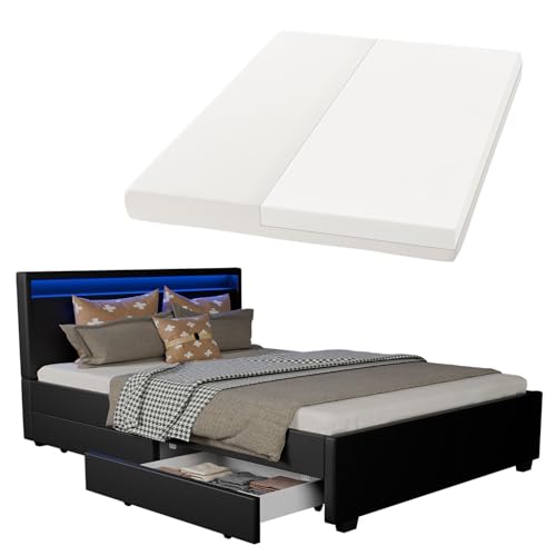 Juskys Polsterbett Lyon 140x200 cm mit Matratze, Bettkasten, LED...