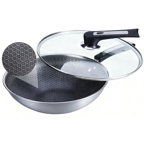 SLONUVLND 13 Inch Nonstick Frying Pan Stainless Steel Frying Pan Skillet with lid Suitable for Induction Ceramic Gas Cooktops and Ovens